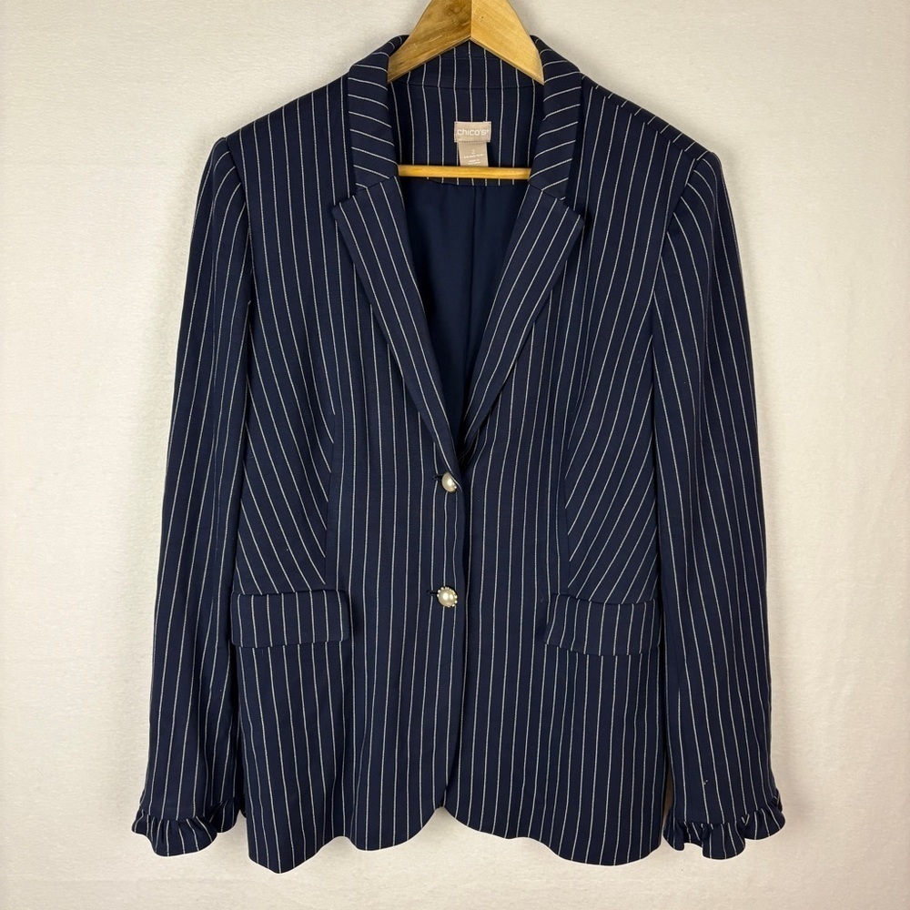 Chico's Blue Stripe Pearl Button Blazer Jacket